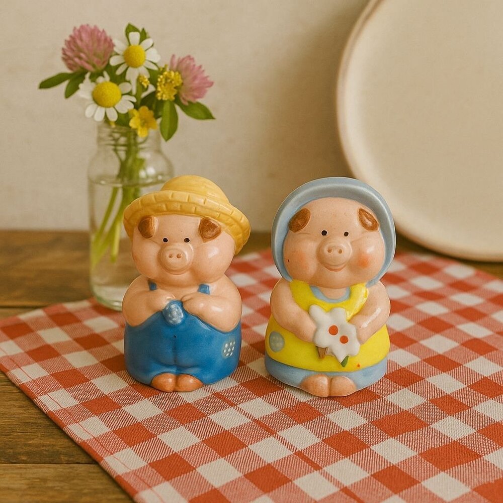 Enesco Pig Salt Pepper Shaker Set VTG Kitsch Farmhouse Kitchen Decor Cottagecore